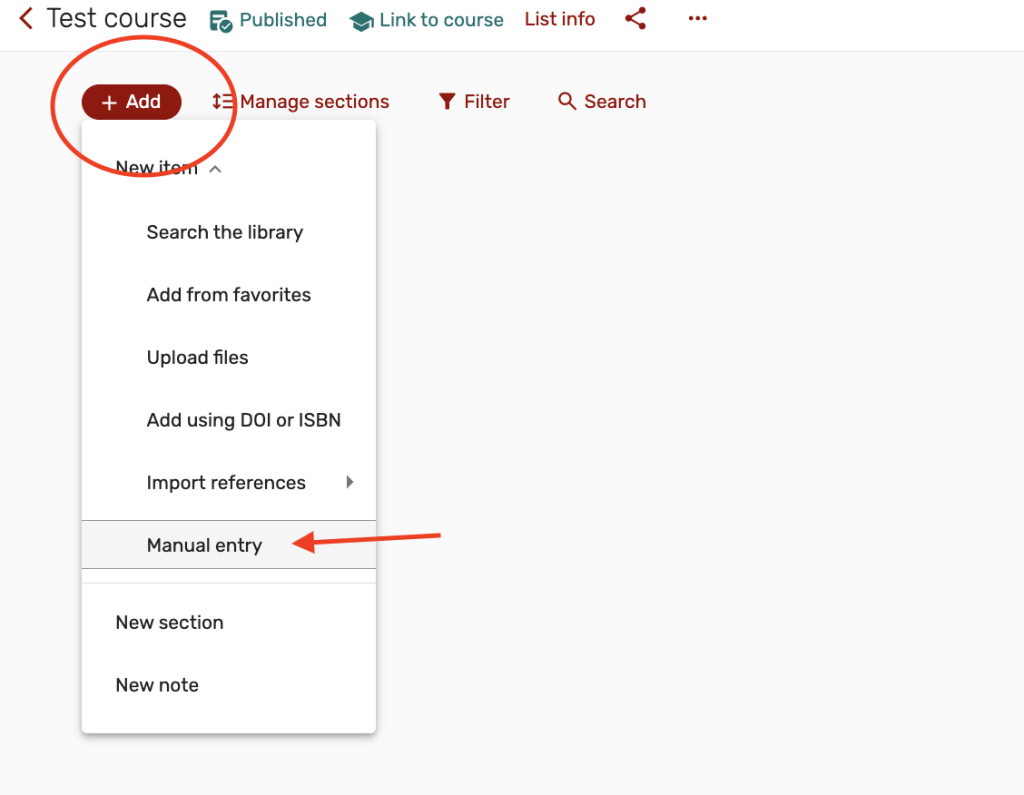 select Add button opens options dropdown menu, select Manual entry