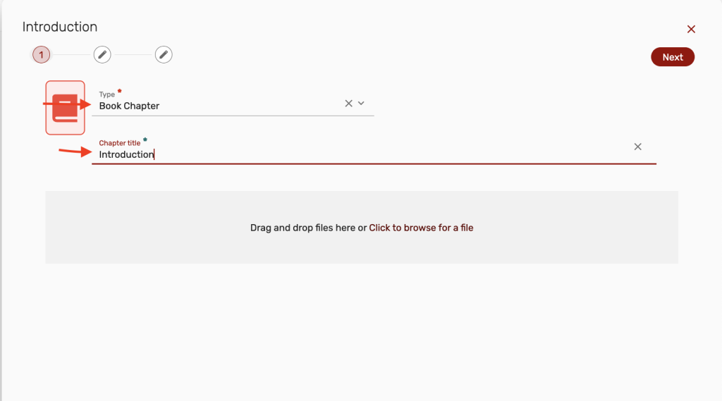 Options screen, select Type of item and Chapter title, then select Next button 