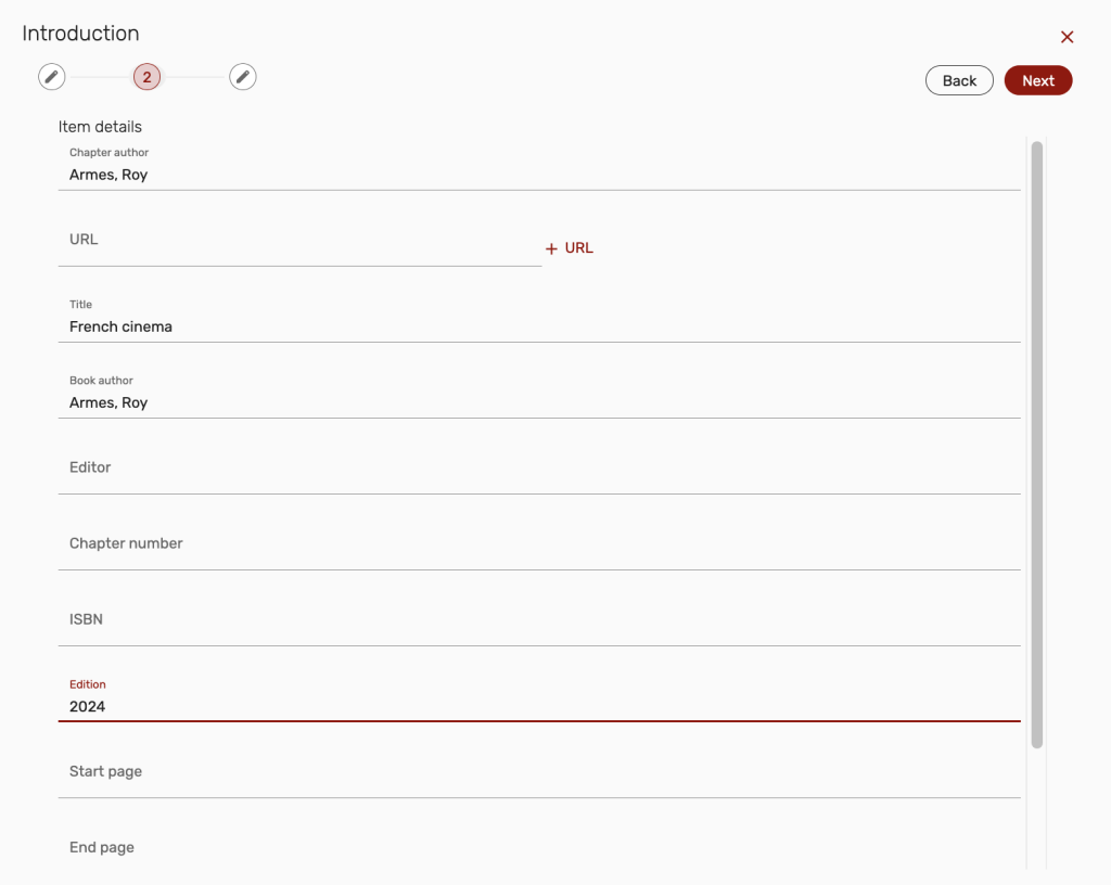 Options screen displaying additional citation fields, select Next button 