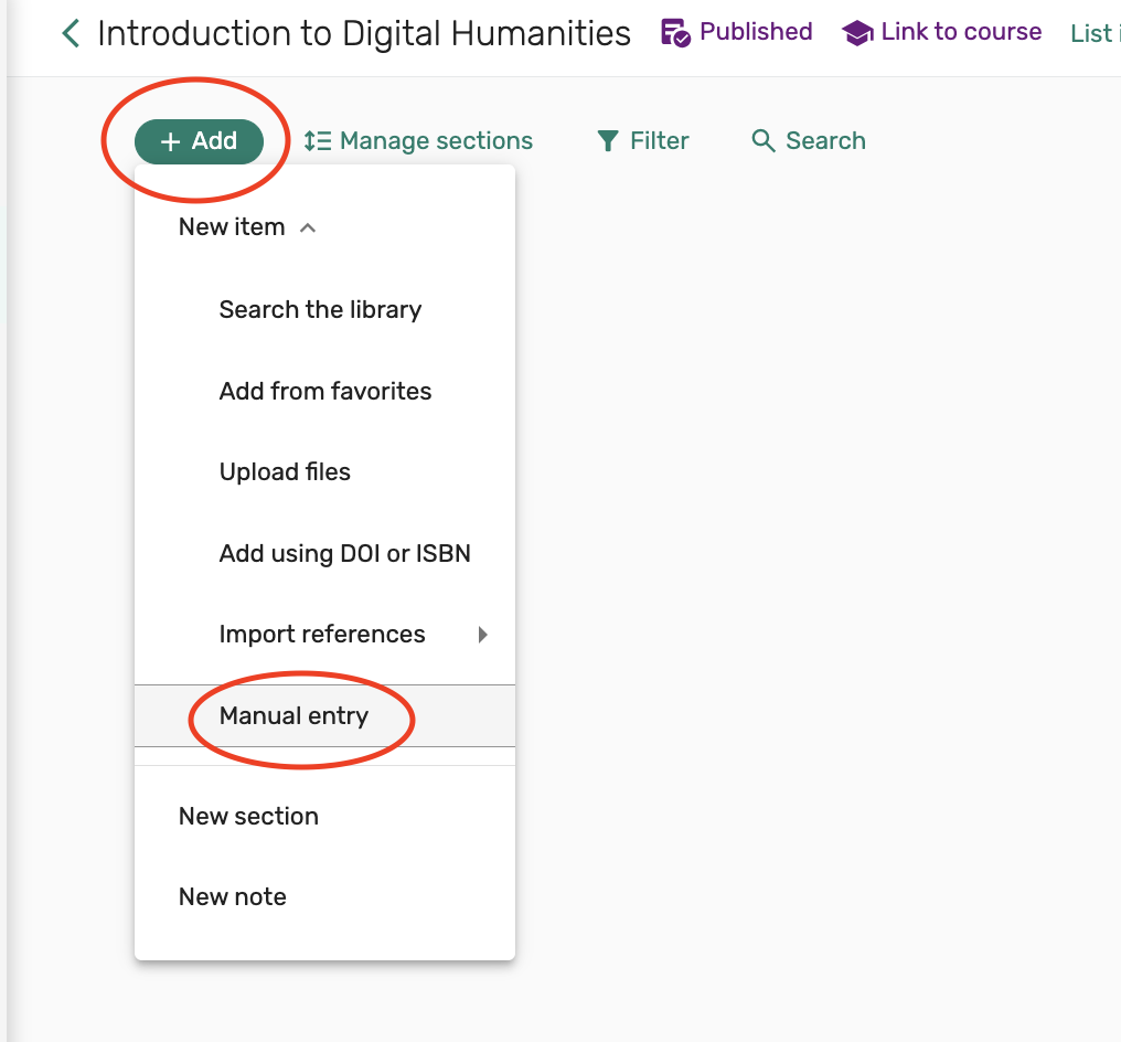 select Add button opens options dropdown menu, select Manual entry
