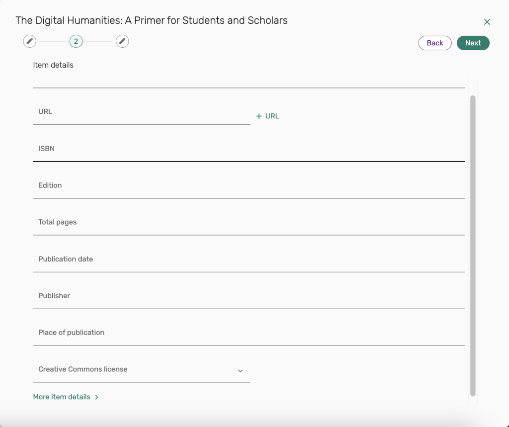 screen displaying additional citation information fields