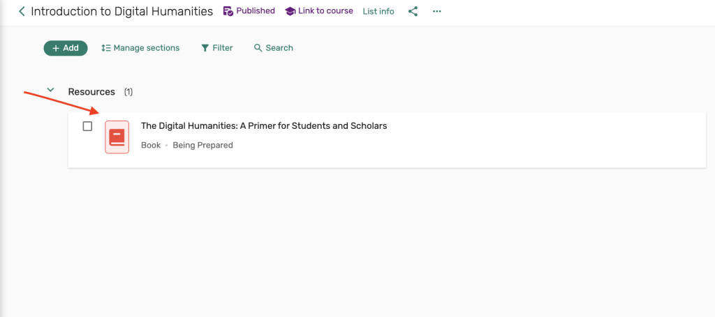 Resource screen, displaying The Digital Humanities: A Primer for Students and Scholars