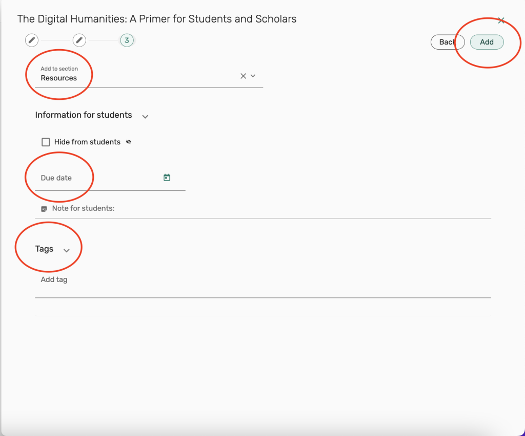 Options screen displaying additional fields, Add to section, reading Due date, and Tags, then select Add button 